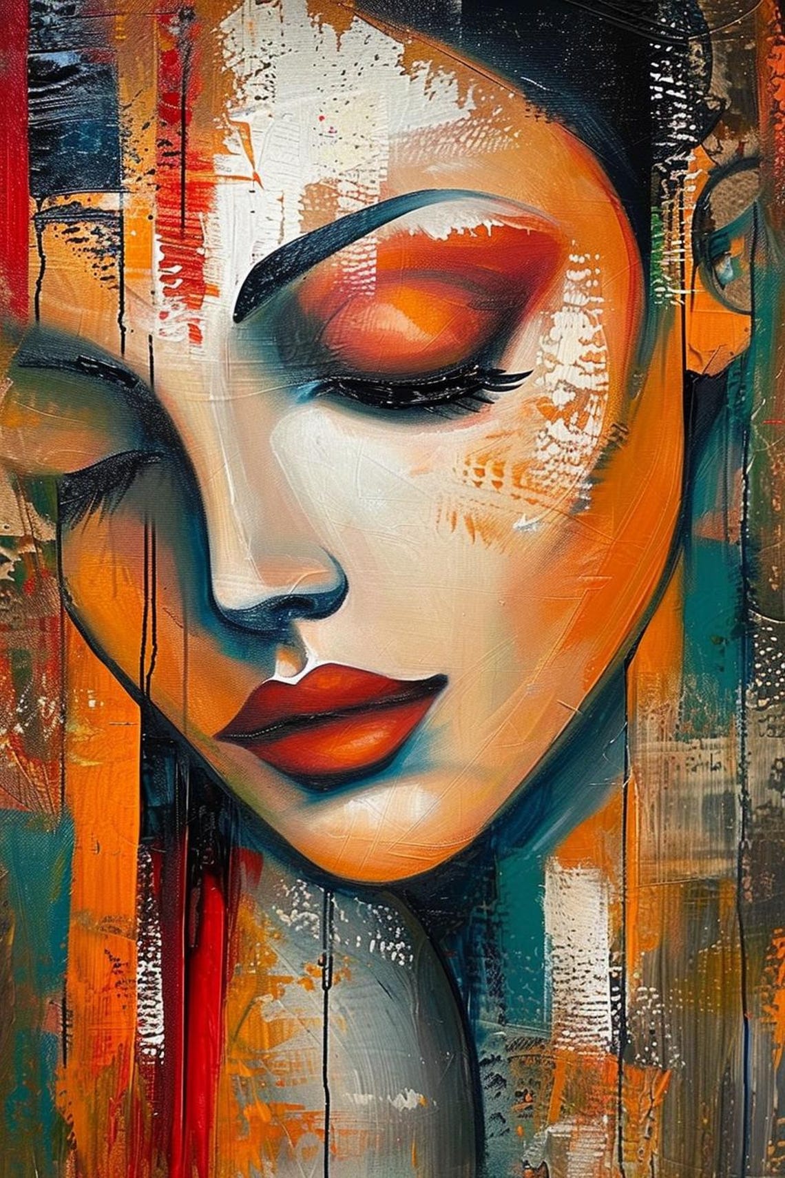 Colorful Abstract Woman Face With Closed Eyes Orange Teal Poster - Image 2