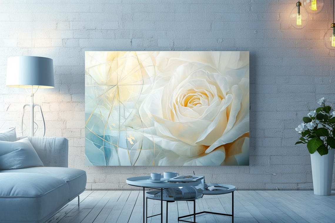 White Rose with Golden Geometric Lines Botanical Painting Poster
