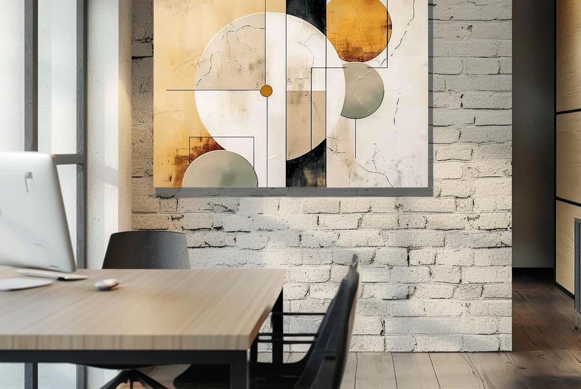 Bauhaus Geometric Circles In Gold Cream Black Abstract Art Poster
