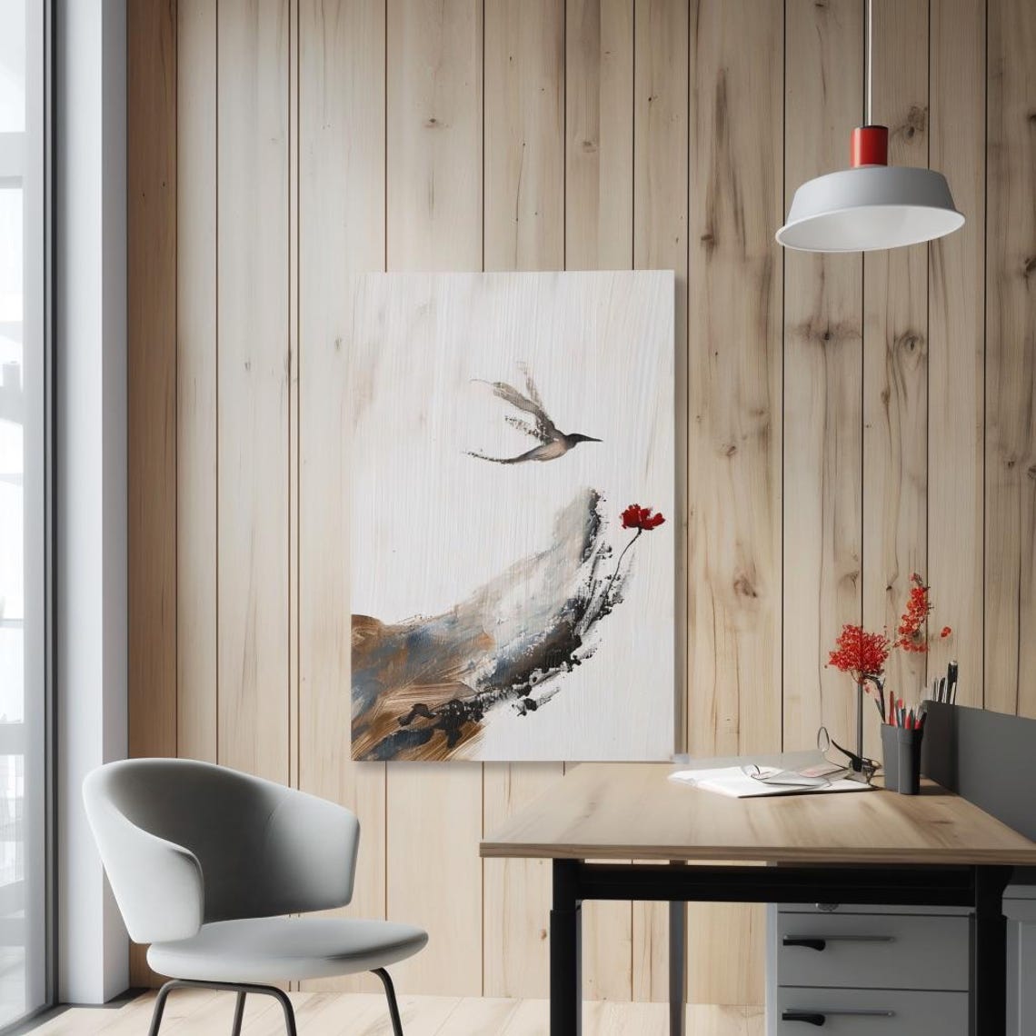 Flying Bird and Red Flower Minimalist Ink Brush Painting Poster - Image 3