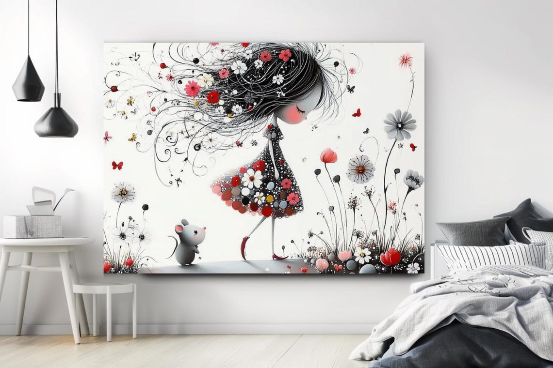 Whimsical Girl with Flower Hair and Mouse in Wildflower Meadow Poster