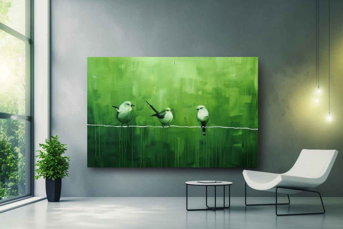 Three Birds On A Wire Bright Green Minimalist Abstract Poster