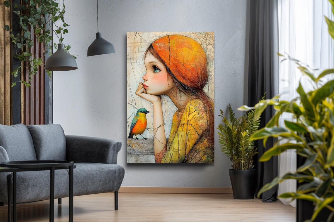 Girl in Orange Headscarf Gazing at a Colorful Bird Painting Poster - Image 3