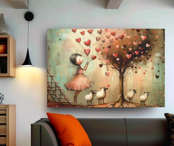 Heart Fairy Girl Releasing Heart Balloons Among Sheep Art Poster
