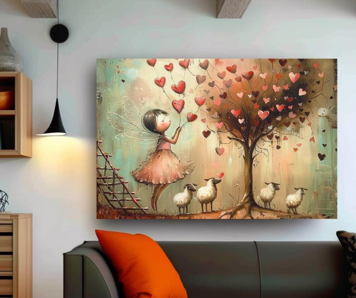 Heart Fairy Girl Releasing Heart Balloons Among Sheep Art Poster