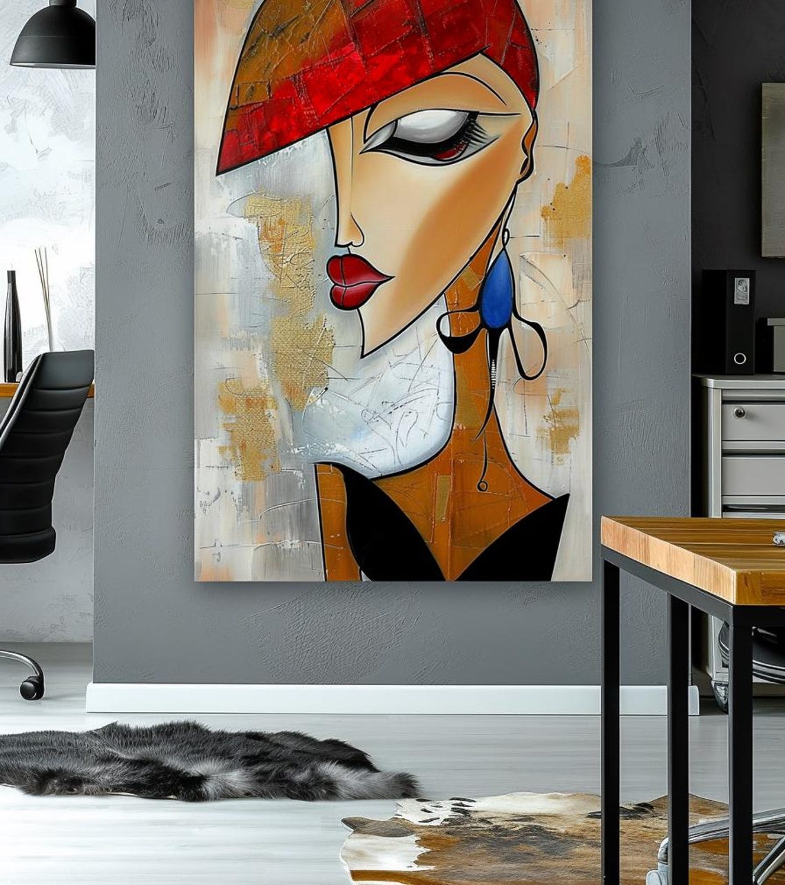 Abstract Woman Profile With Red Hat Picasso Style Modern Poster