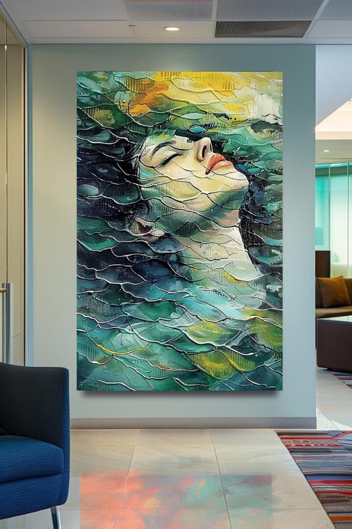 Dreamy Woman's Face Dissolving Into Teal Ocean Waves Art Poster - Image 3