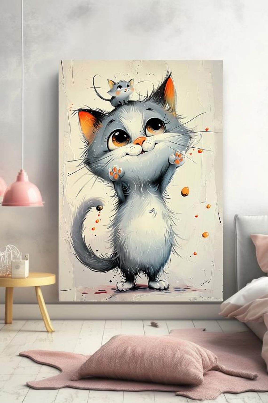 Adorable Big Eyed Kitten With Tiny Mouse On Its Head Cartoon Poster - Image 2