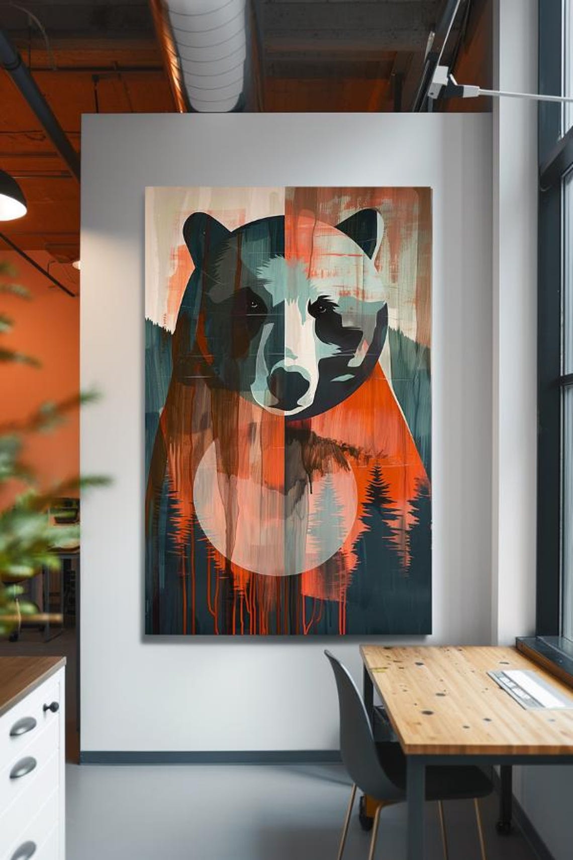 Geometric Bear Head in Teal and Orange Abstract Painting Poster