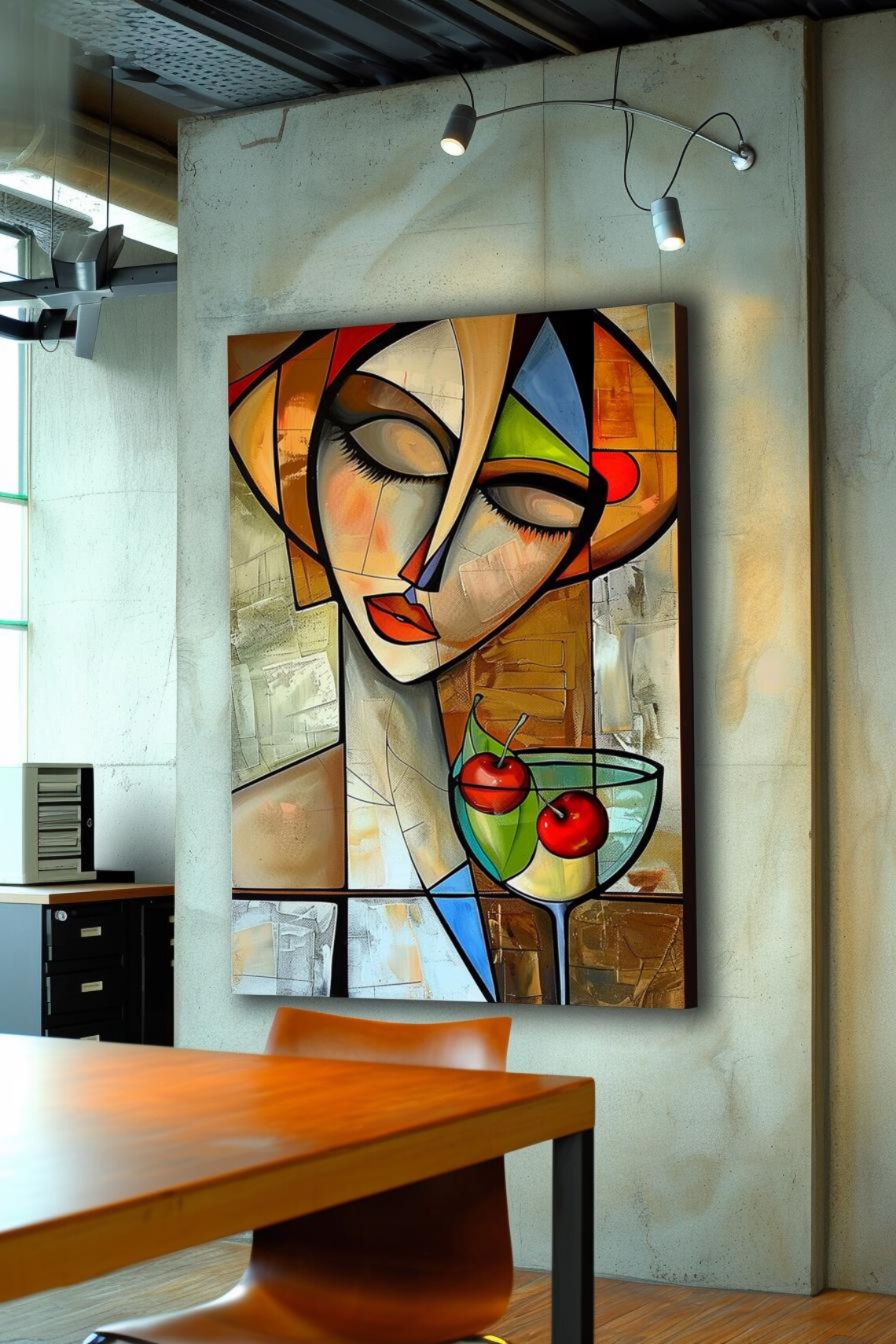 Cubist Woman Face With Cocktail Glass Cherries Retro Art Poster