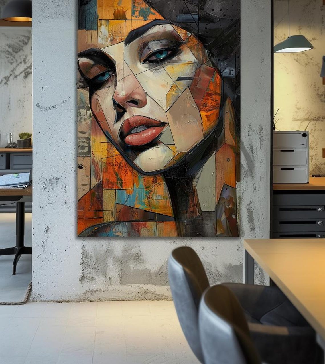 Faceted Woman's Portrait in Orange and Teal Mosaic Painting Poster - Image 3