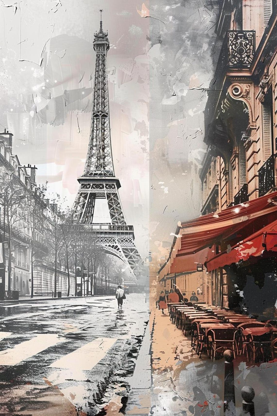 Rainy Paris Street With Eiffel Tower And Red Cafe Awnings Poster - Image 2