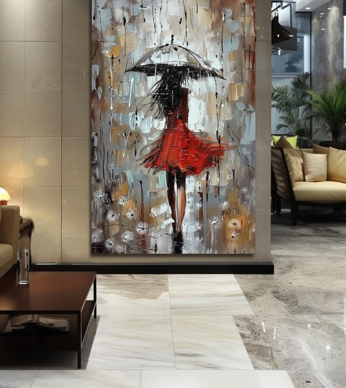 Woman in Red Dress with Umbrella in the Rain Painting Poster - Image 2