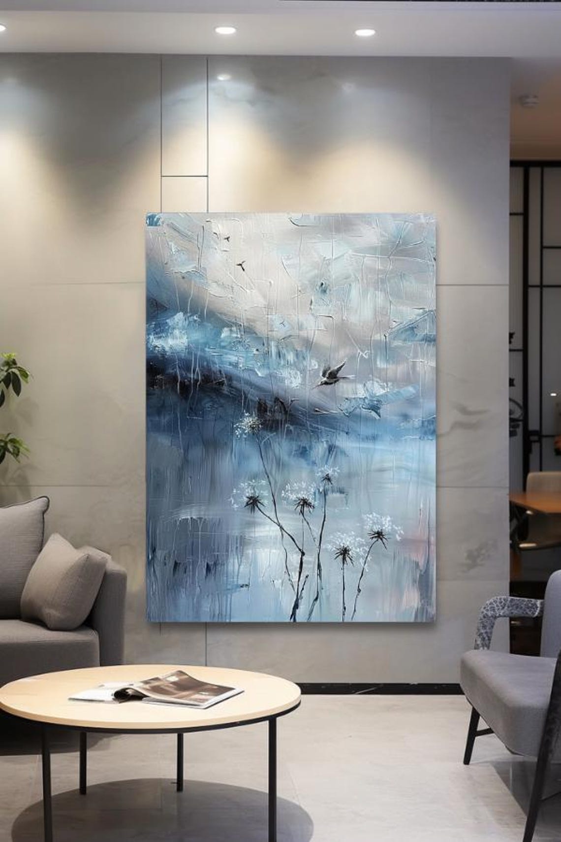 Serene Blue Gray Abstract Painting With Dandelions And Birds Poster - Image 3