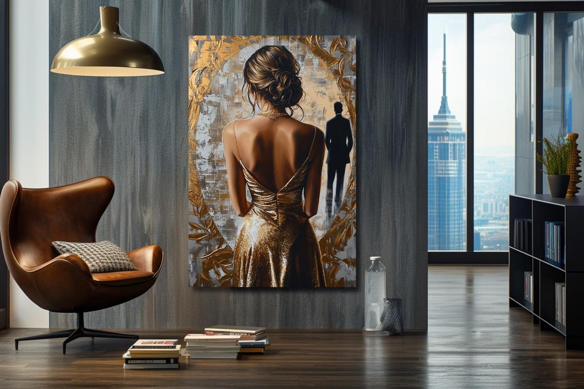 Woman in Gold Dress Watching a Distant Man Abstract Painting Poster
