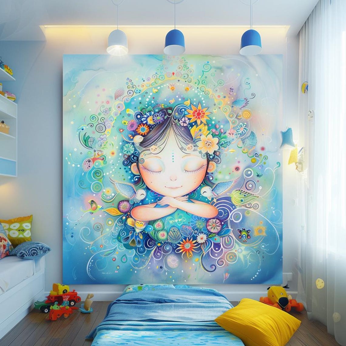Whimsical Girl Portrait With Colorful Flowers Nursery Wall Poster