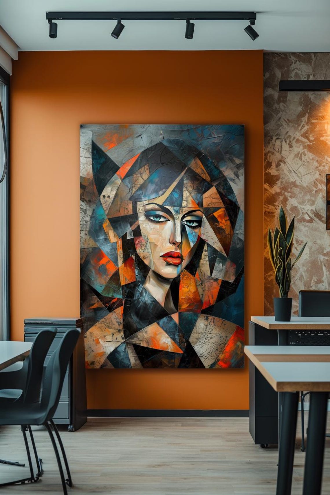 Cubist Woman Face In Bold Orange Teal Fragmented Portrait Poster