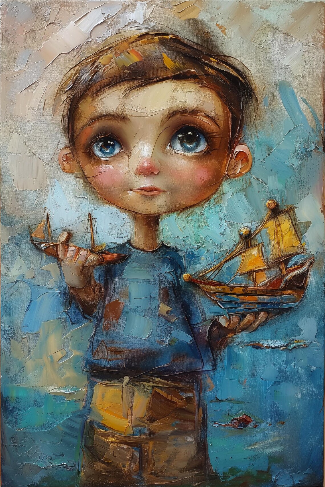 Little Boy Holding Toy Sailboat Blue Watercolor Children Room Poster - Image 2
