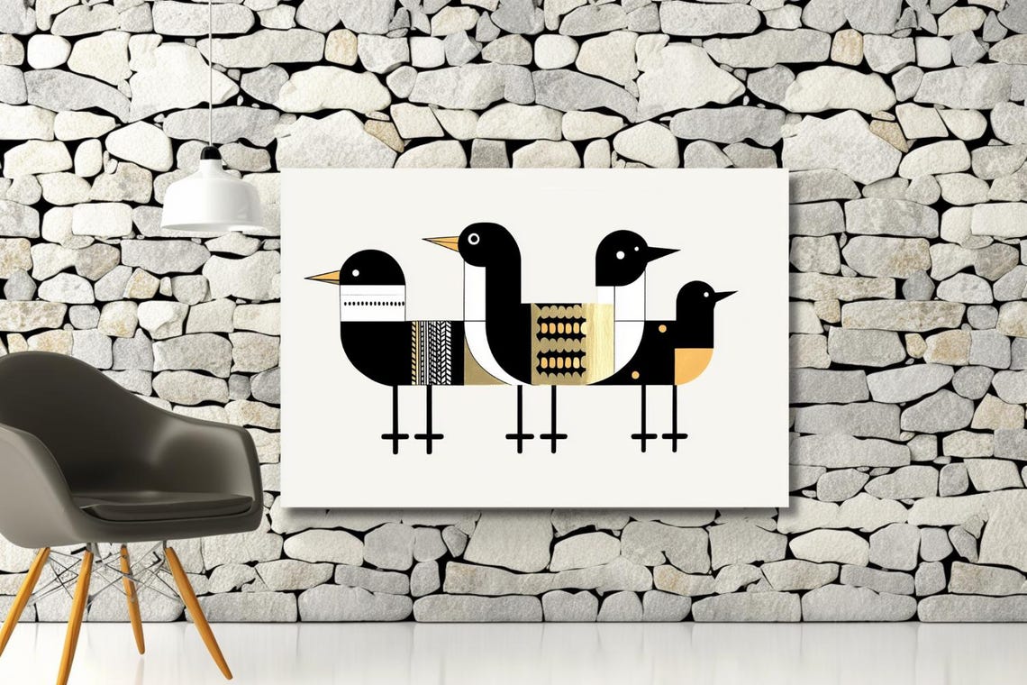 Geometric Black Gold Patterned Birds Mid Century Modern Poster - Image 2