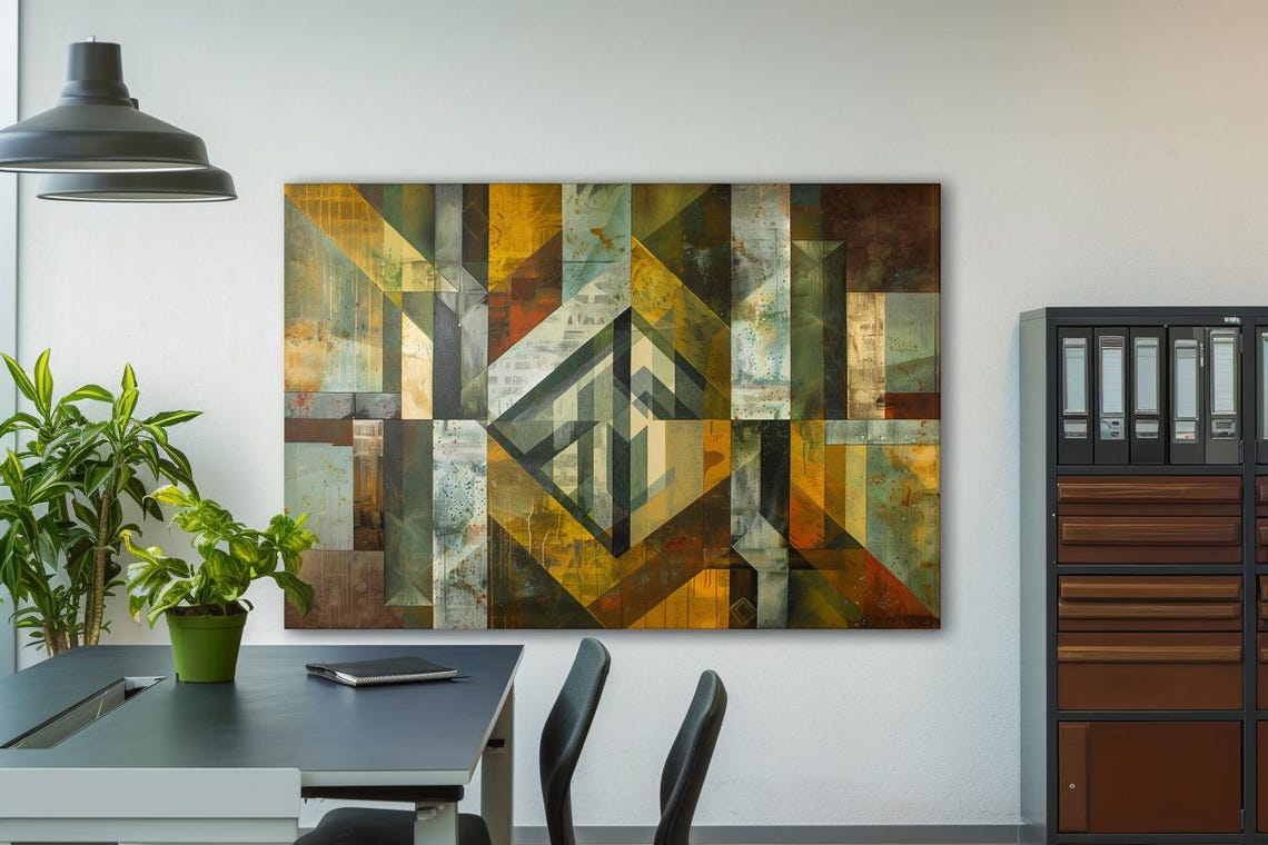 Olive and Ochre Cubist Geometric Cityscape Abstract Art Poster