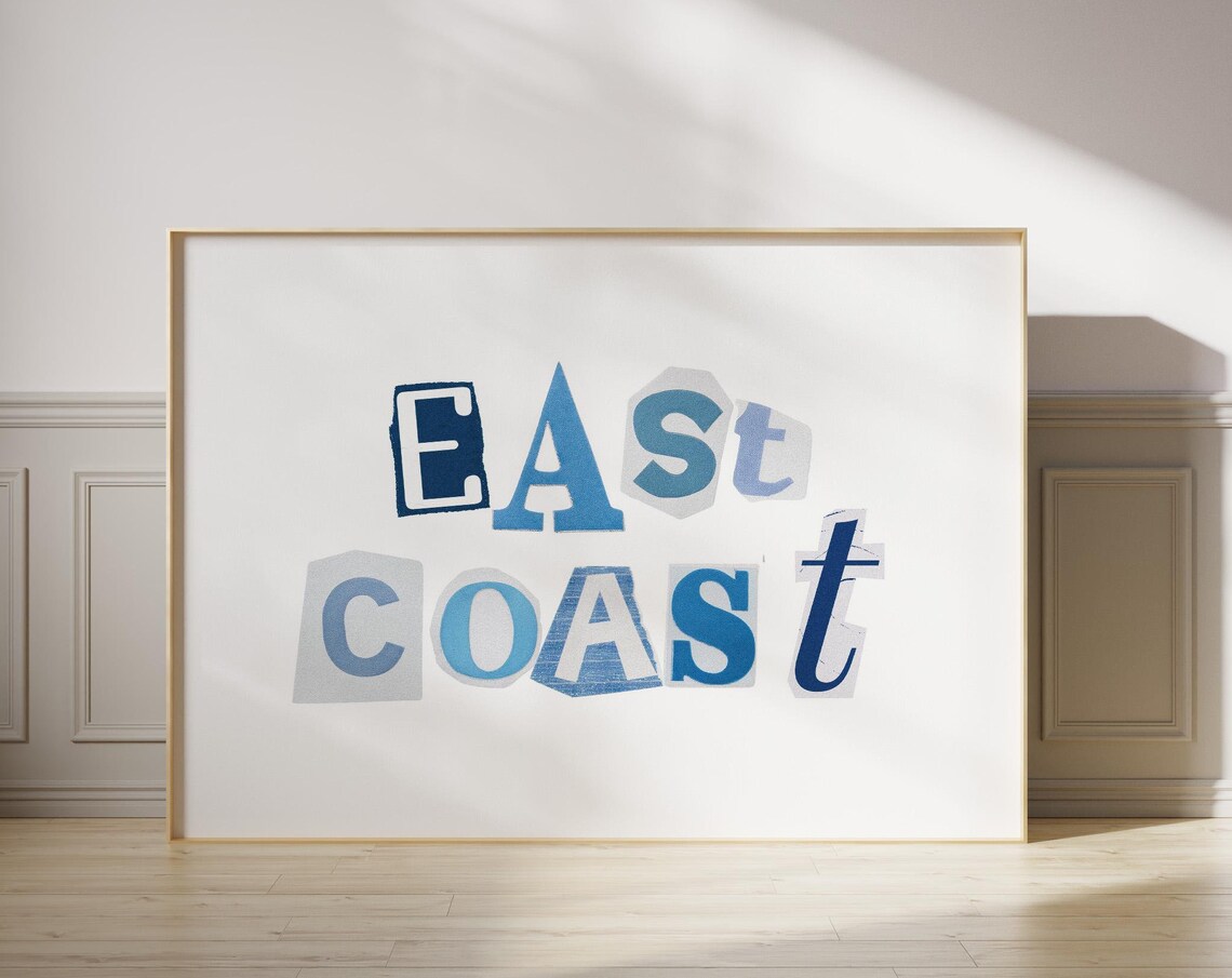 East Coast Ransom Note Collage Blue Letters Coastal Art Poster