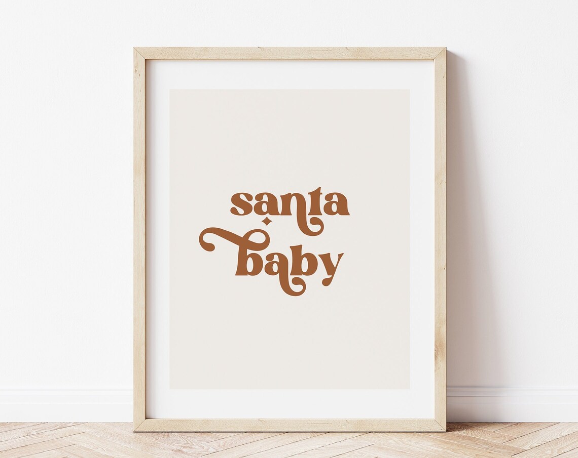 Retro Santa Baby Christmas Art Print, Boho Neutral