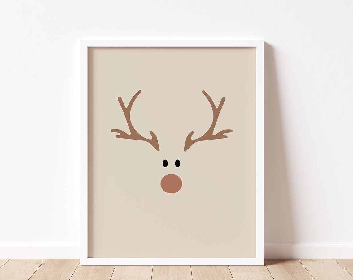 Cute Reindeer Face Rudolph Minimalist Beige Christmas Nursery Poster