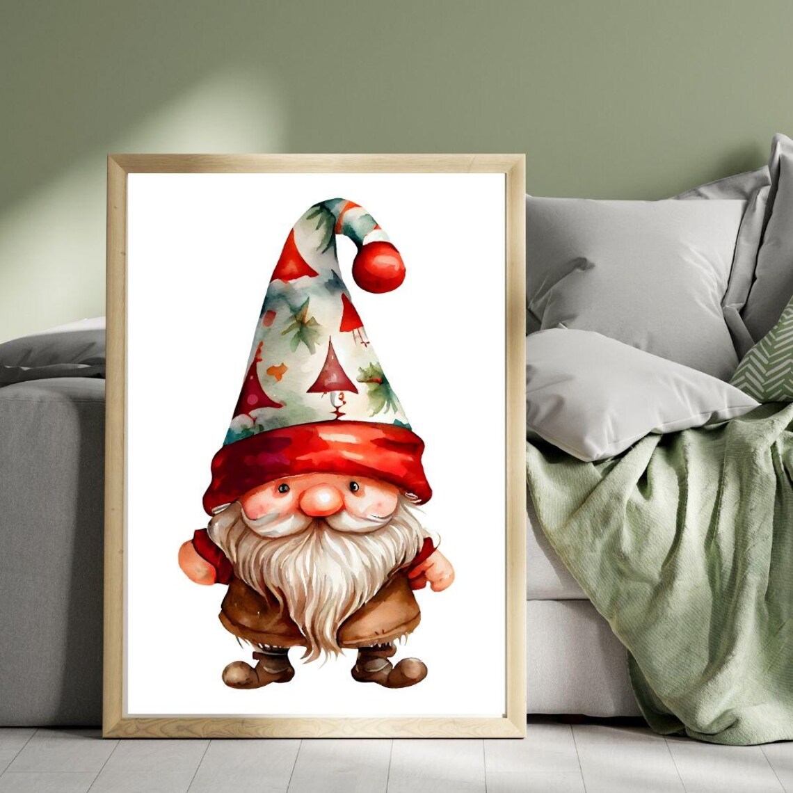 Watercolor Christmas Gnome In Tree Pattern Tall Hat Illustration Poster - Image 3