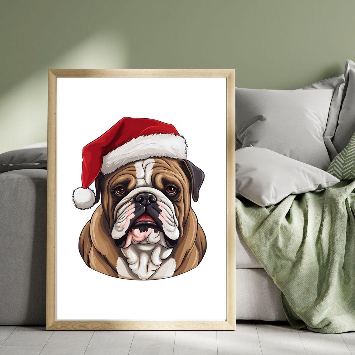 English Bulldog In Santa Hat Detailed Portrait Christmas Print - Image 2