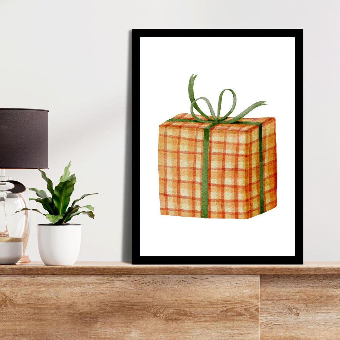 Watercolor Plaid Gift Box With Green Ribbon Bow Christmas Poster - Image 3