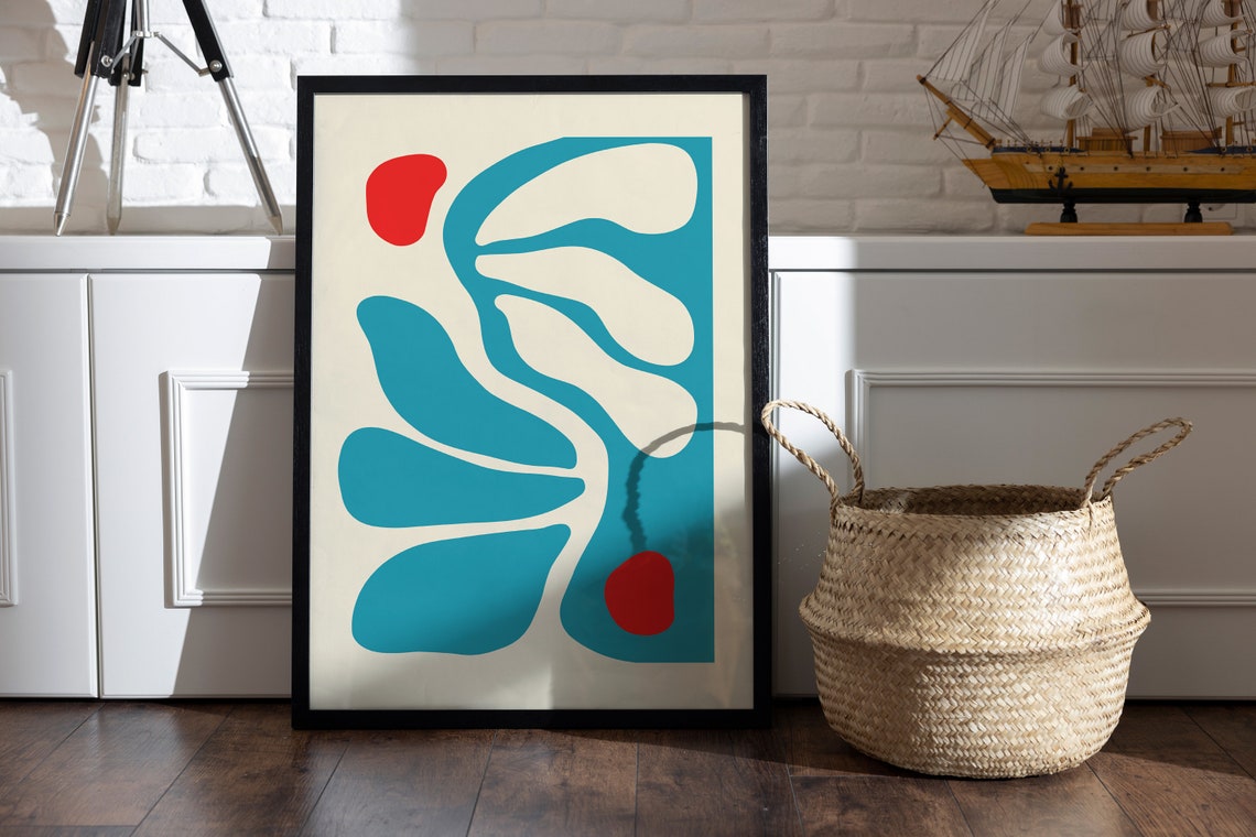 Teal Blue Abstract Leaf Poster with Two Red Dots on Cream Art