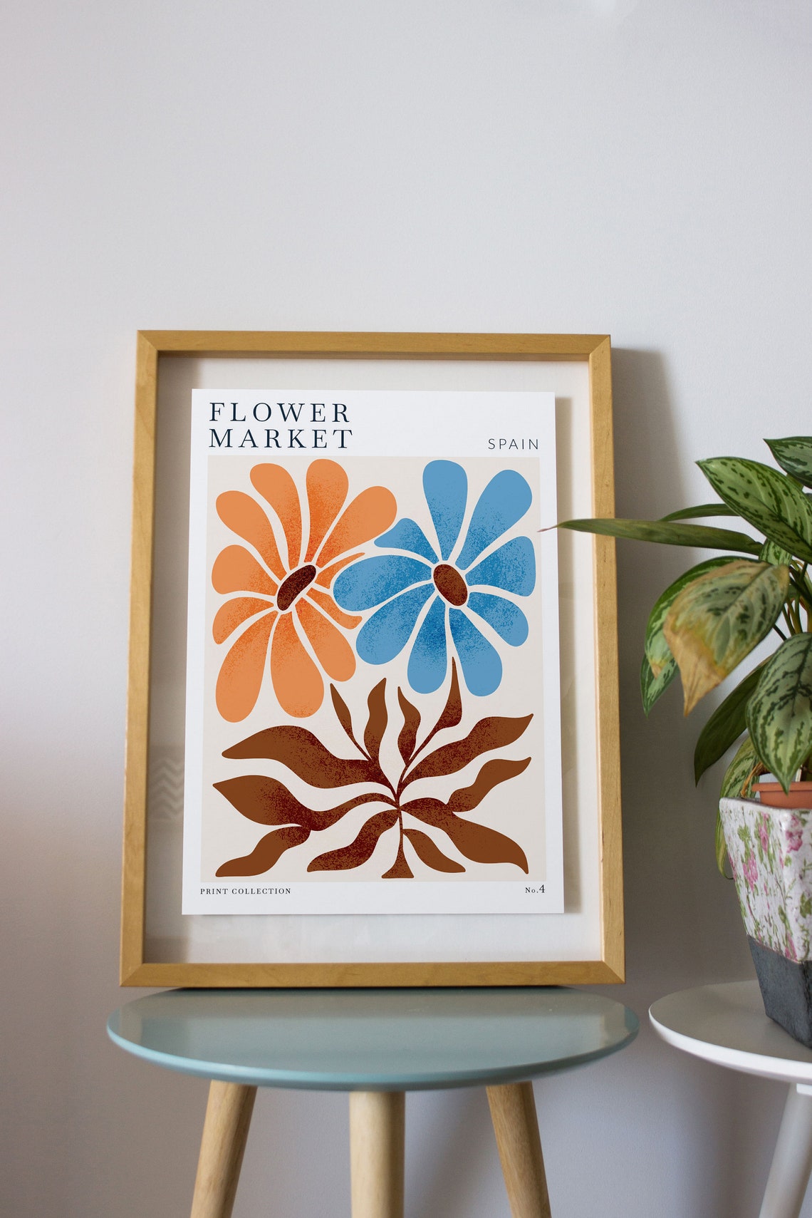 Spain Flower Market No 4 Orange Blue Daisy Retro Botanical Poster