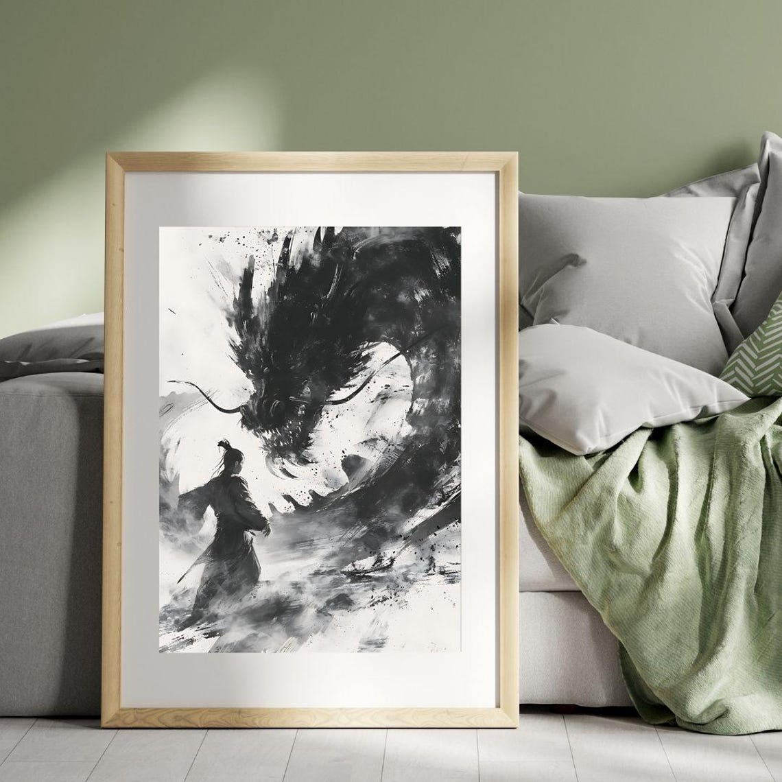 Dramatic Ink Wash Dragon Warrior Black White Asian Art Poster - Image 2
