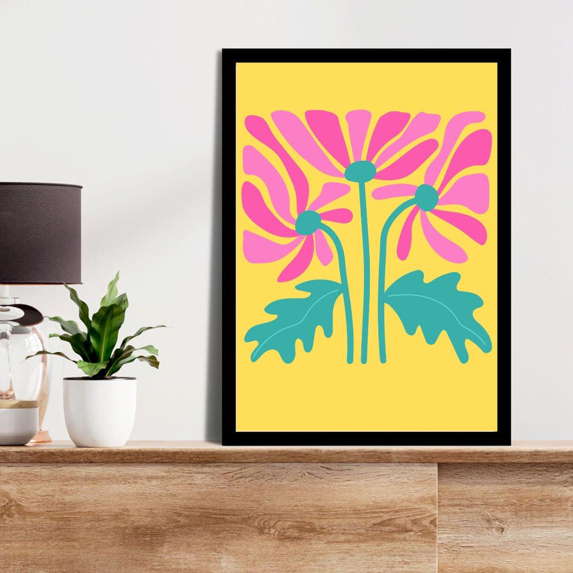 Three Pink Daisies Teal Stems Sunny Yellow Retro Floral Art Poster - Image 3
