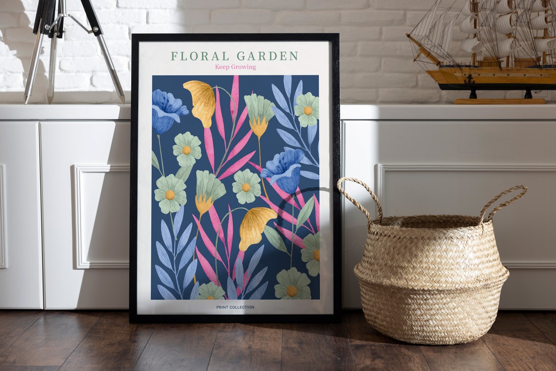 Vintage Navy Blue Floral Garden Keep Growing Botanical Art Poster