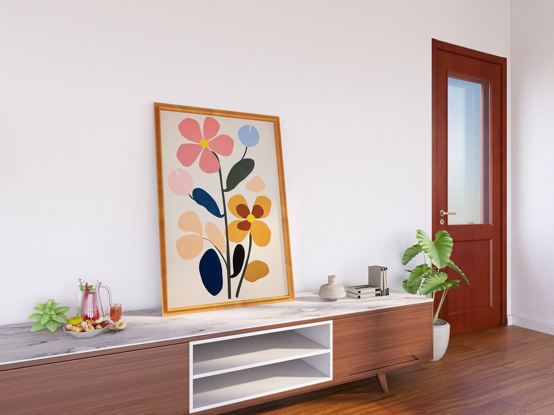 Minimalist Abstract Bloom Cream Pink Ochre Modern Floral Poster - Image 2