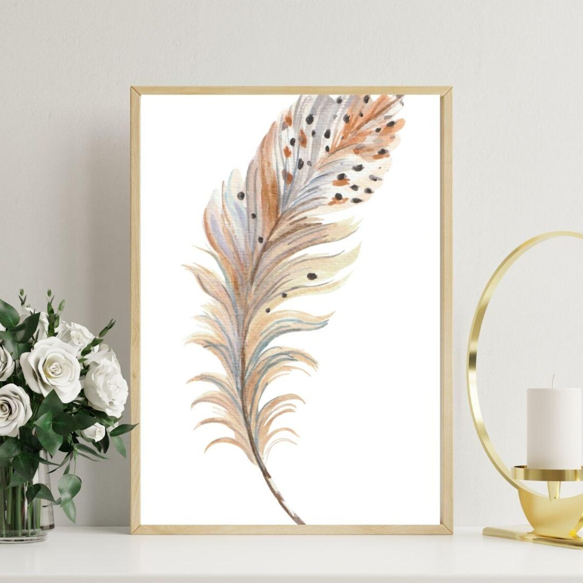 Watercolor Feather in Blush Pink Beige Tones Boho Nursery Poster