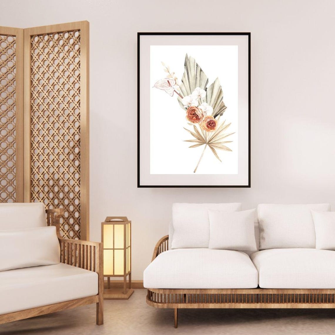 Burnt Orange Ranunculus Anthurium Watercolor Tropical Wall Art - Image 3