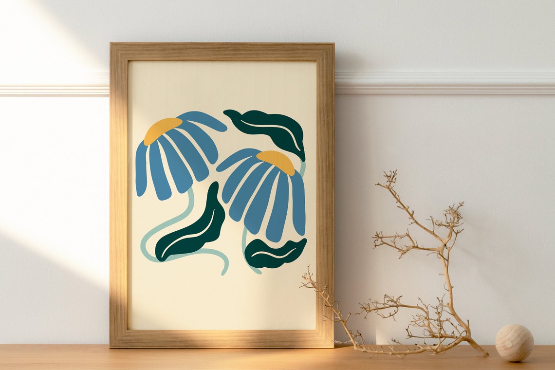 Matisse-Style Two Abstract Blue Flowers Botanical Art Poster