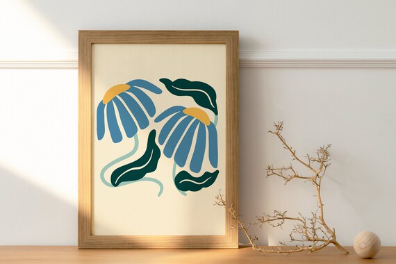 Matisse-Style Two Abstract Blue Flowers Botanical Art Poster