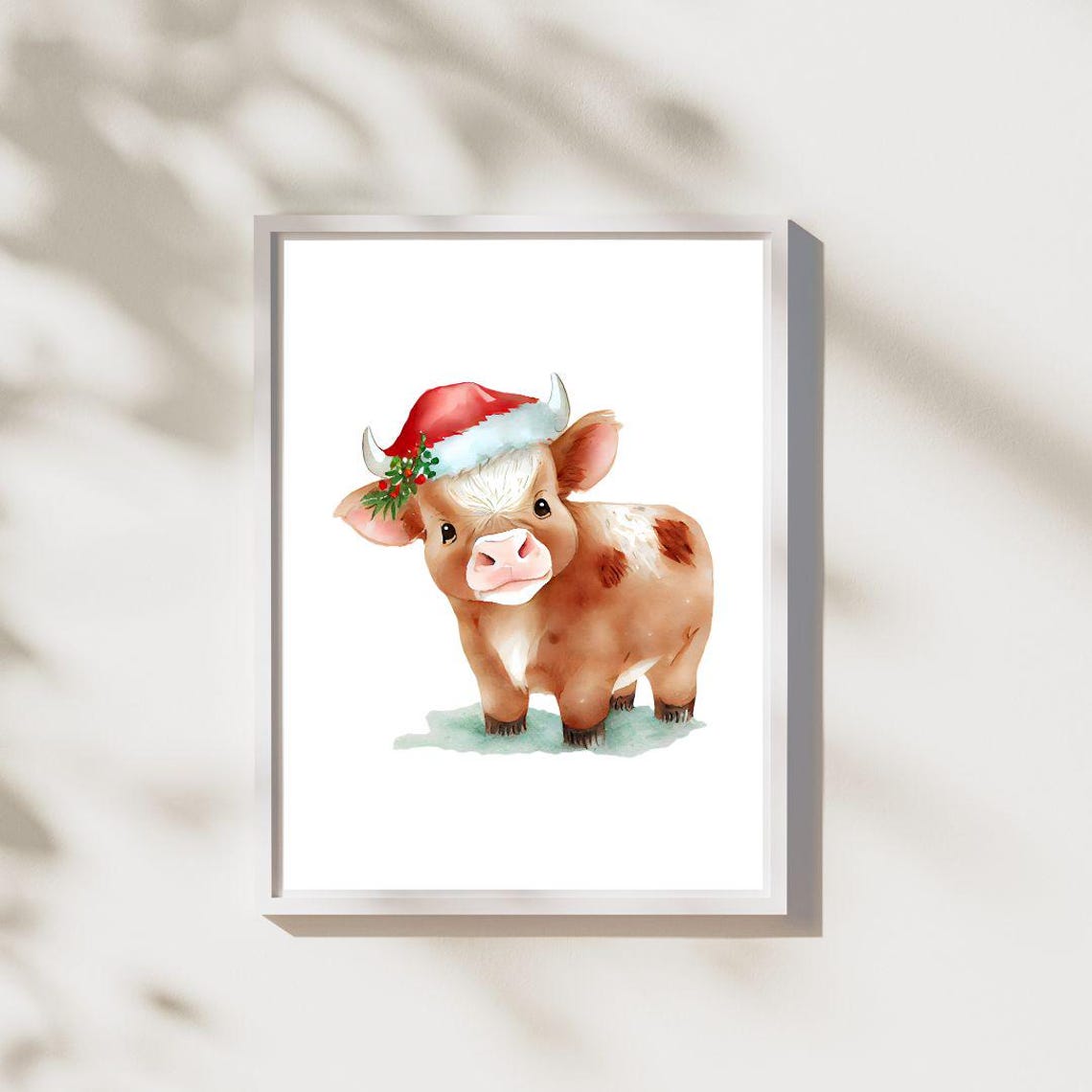 Cute Highland Cow Calf Santa Hat Watercolor Christmas Poster Art - Image 2