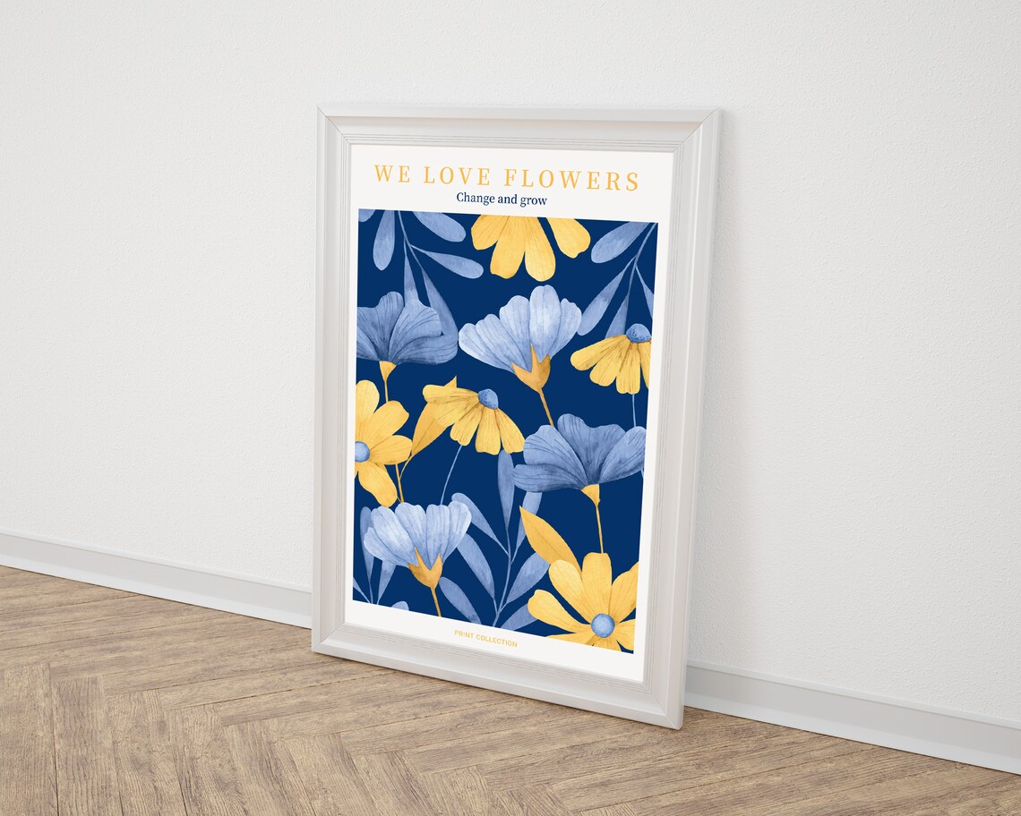 We Love Flowers Poster with Blue and Yellow Daisies on Dark Navy - Image 2