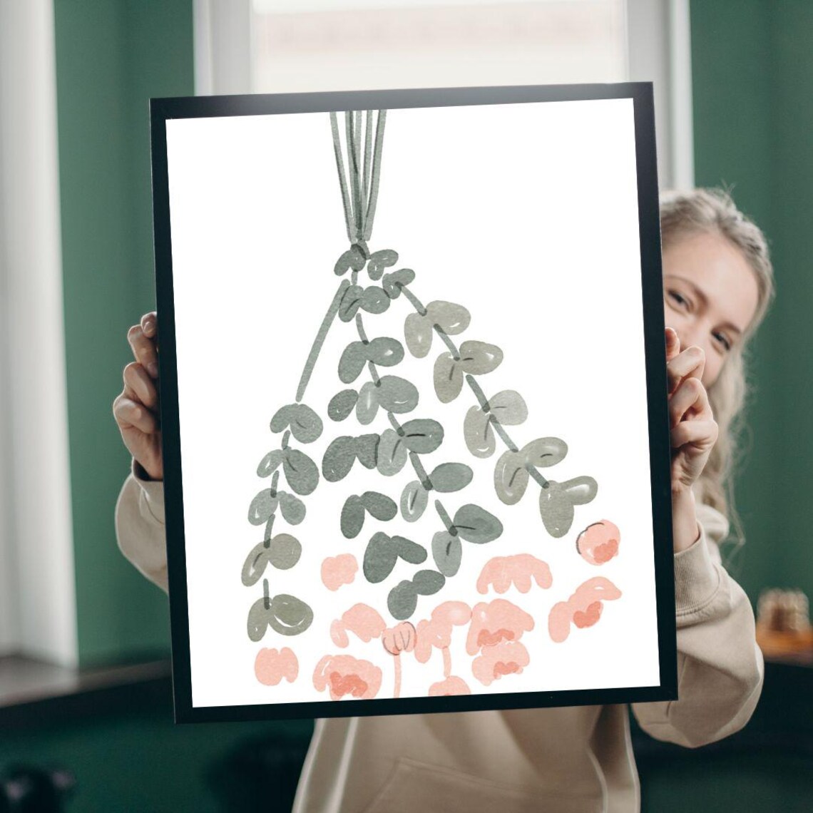 Hanging Eucalyptus Branch Blush Pink Watercolor Botanical Poster - Image 3