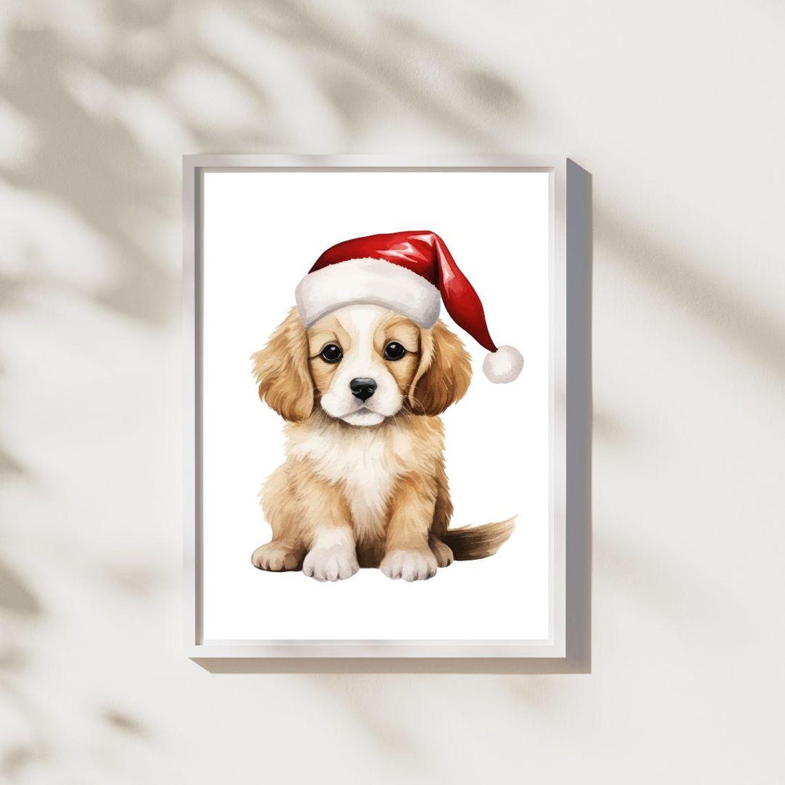 Golden Cocker Spaniel Puppy In Santa Hat Watercolor Christmas Print - Image 2