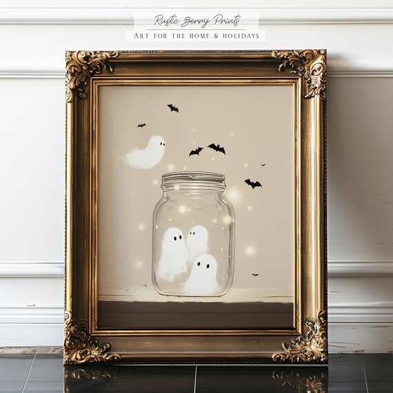 Little Ghosts in a Mason Jar With Bats Cute Halloween Art Print