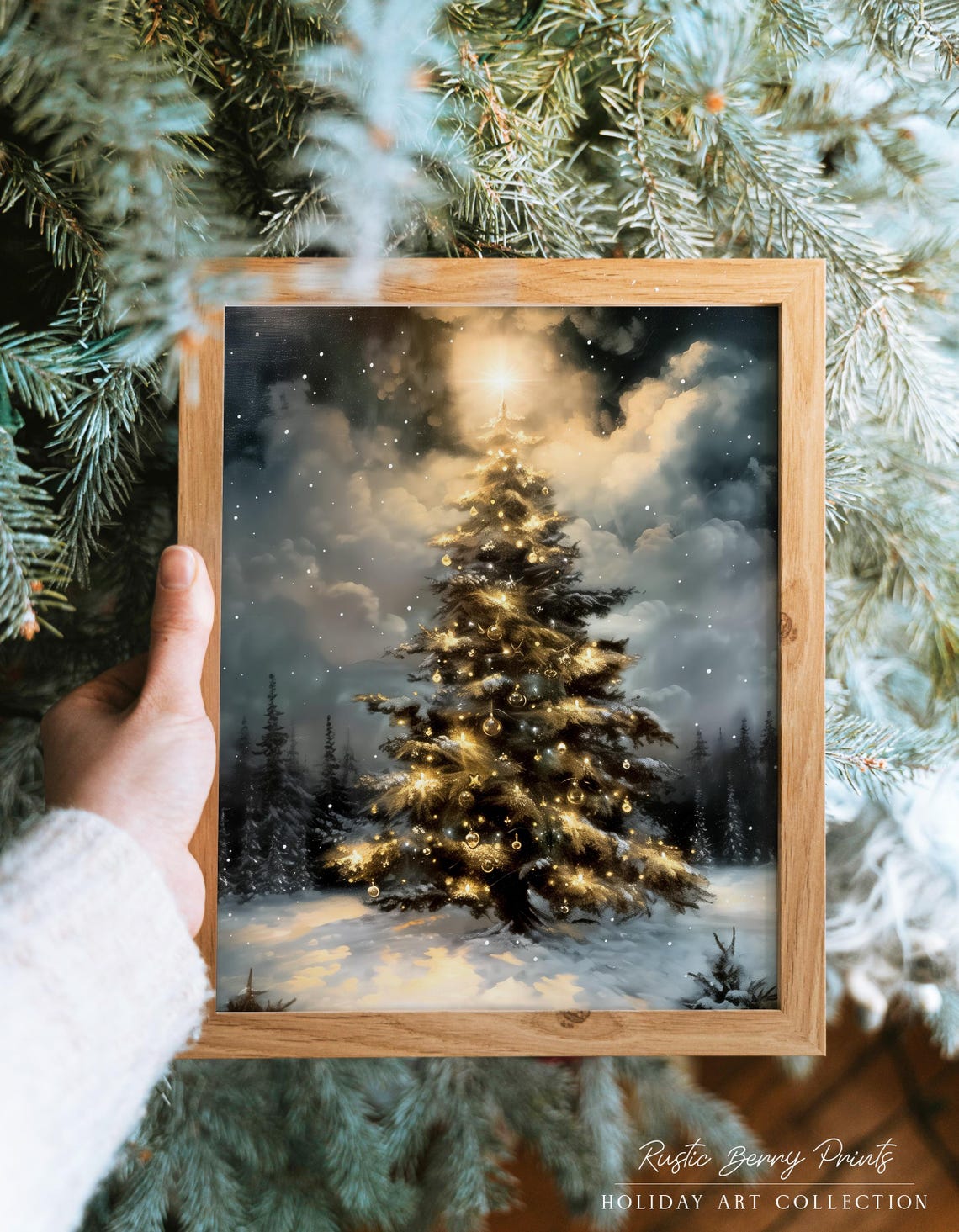 Christmas Tree Twinkling Lights Starry Night Snowy Forest Wall Art