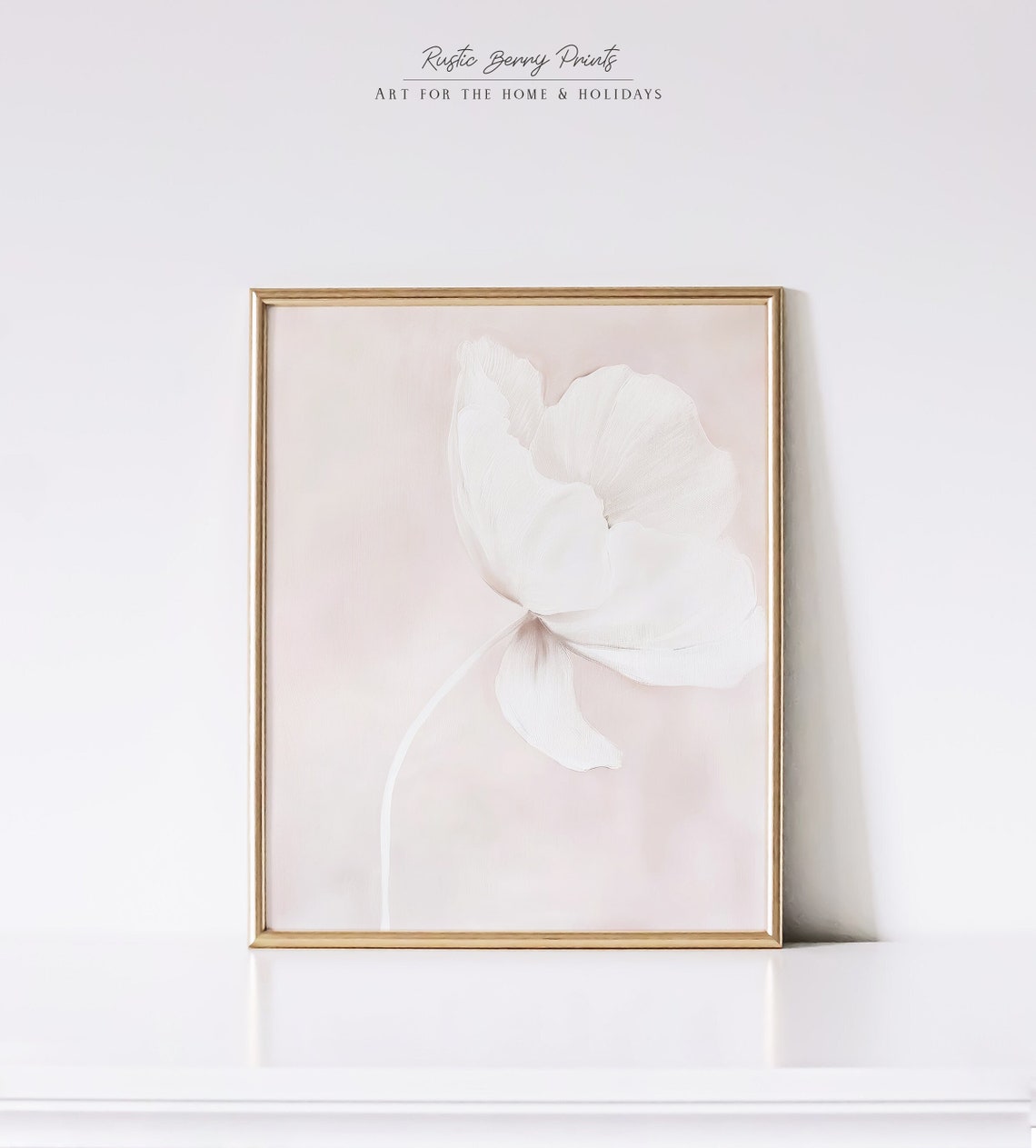 Single White Poppy Bloom Minimalist Blush Background Modern Art Poster