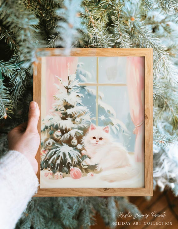 Pink Christmas Decor Wall Art Art Print Cute Cat Holiday Poster Trendy Christmas Decor