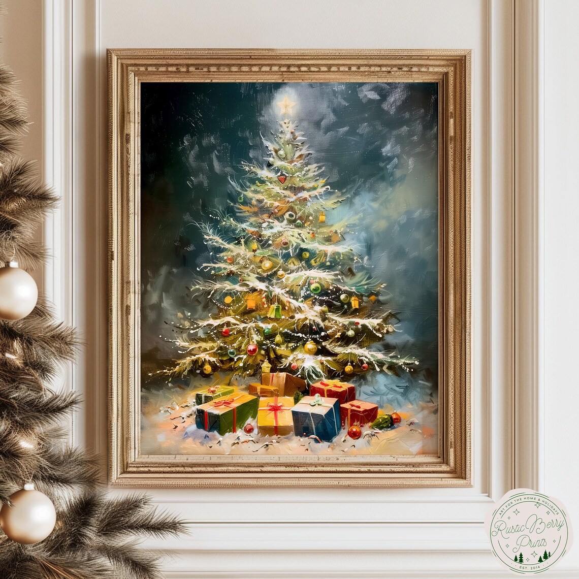 Vintage Christmas Tree Ornaments Star Presents Night Painting Print