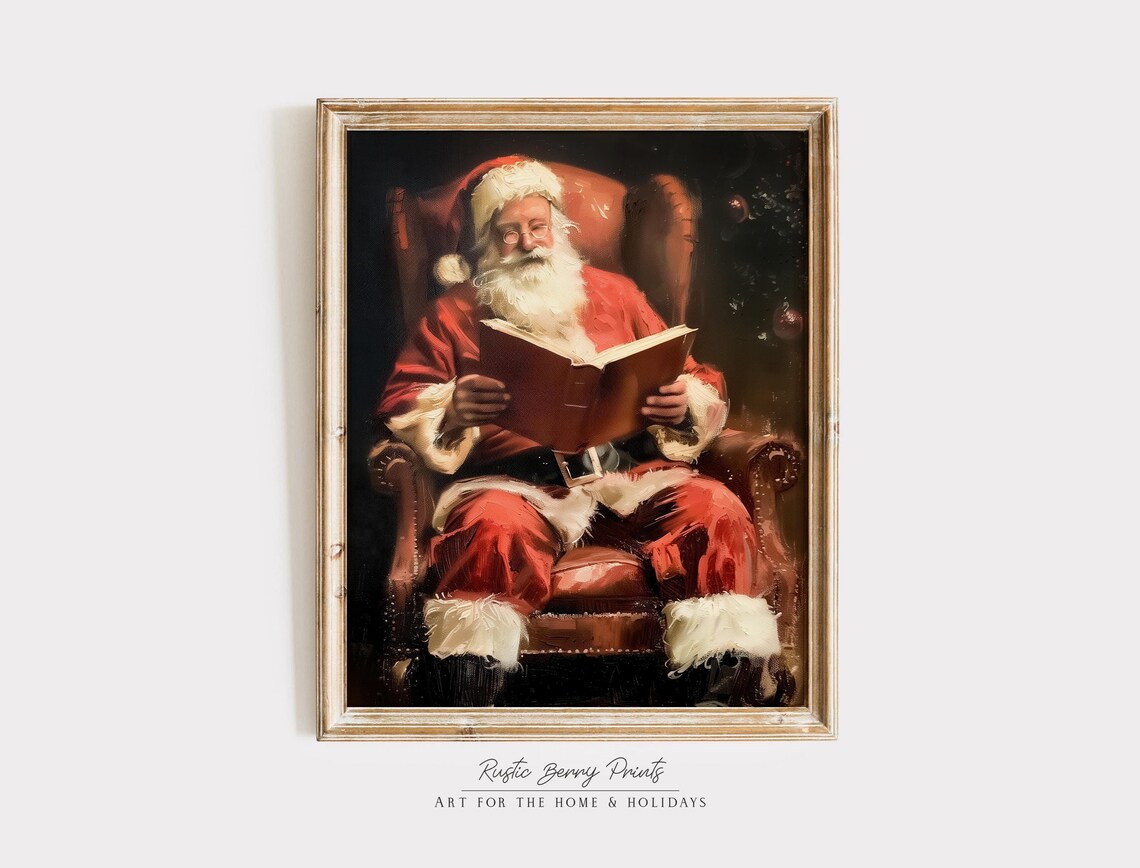 Santa Claus Reading Book Cozy Leather Armchair Warm Evening Poster